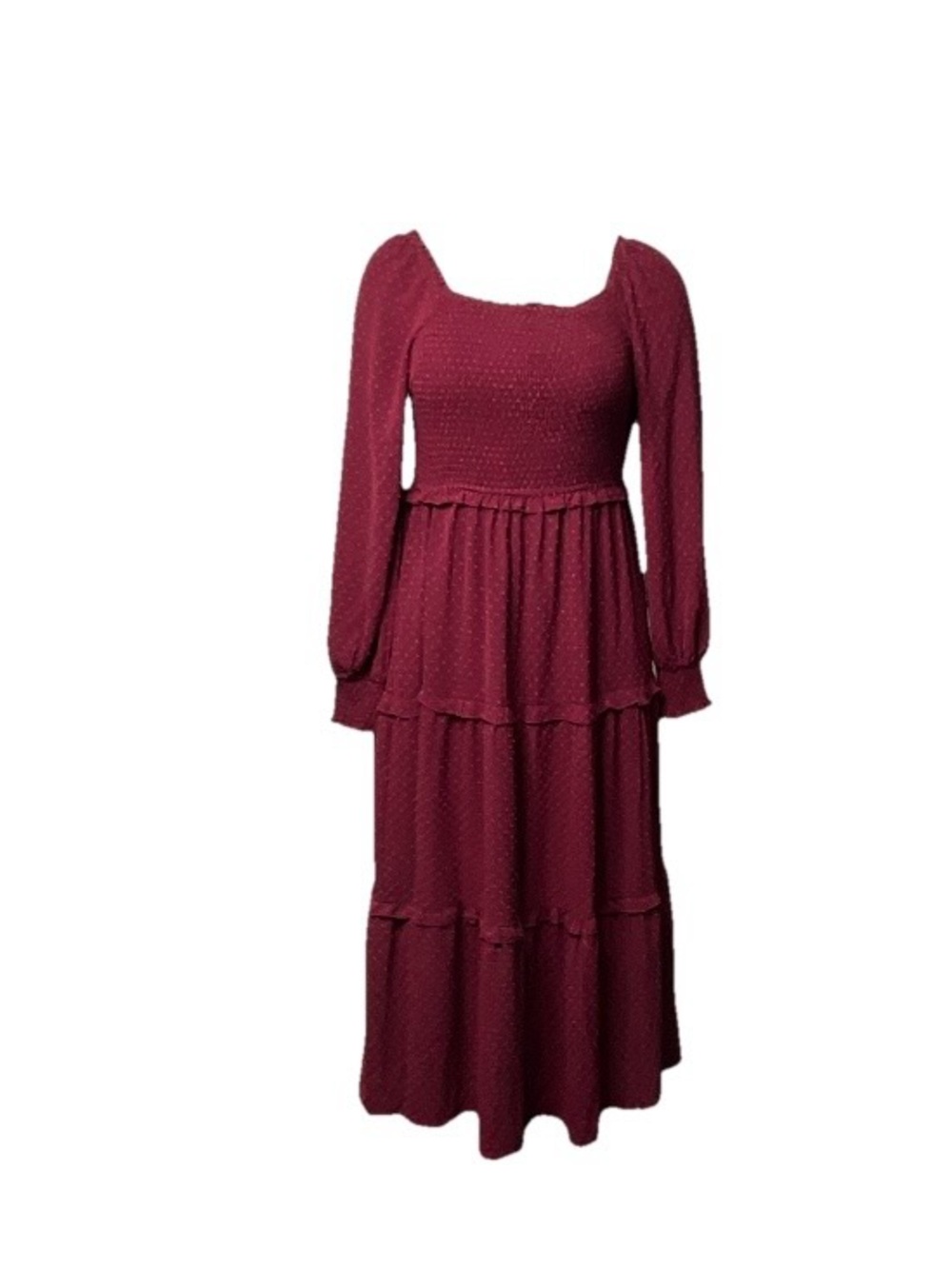 Pretty Garden Women's Burgundy Long Sleeve Tiered Maxi Dress